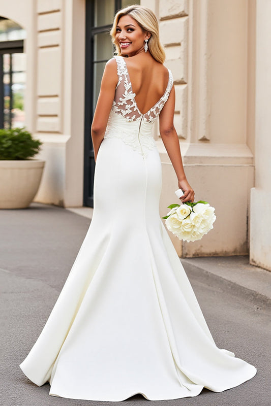 Lace Ivory Mermaid Satin Sweep Train Backless Wedding Dress