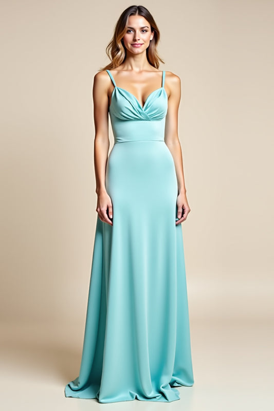 Spaghetti Straps Light Blue V-Neck Long Bridesmaid Dress