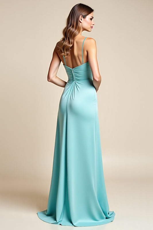 Spaghetti Straps Light Blue V-Neck Long Bridesmaid Dress