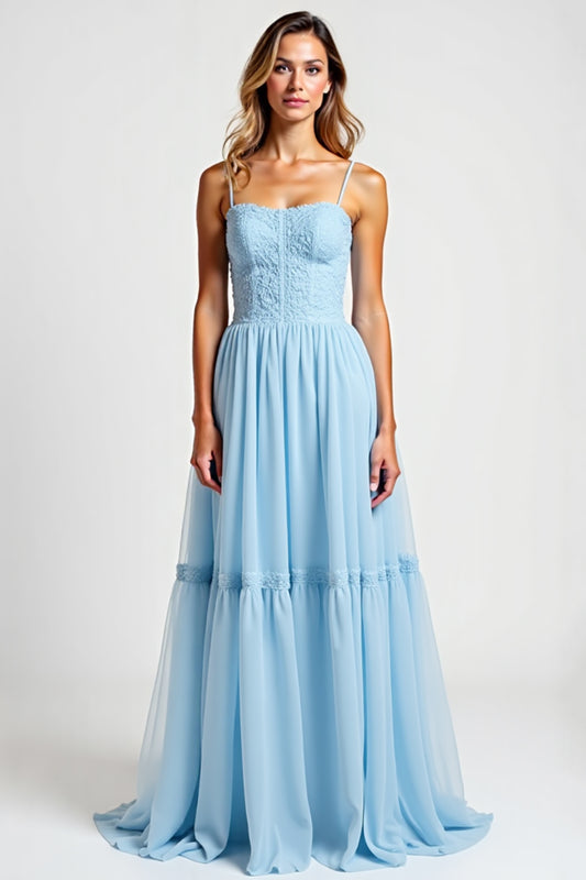 Sky Blue Square Neck Chiffon Long Bridesmaid Dress