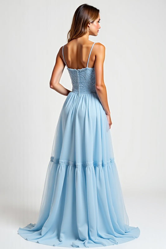 Sky Blue Square Neck Chiffon Long Bridesmaid Dress