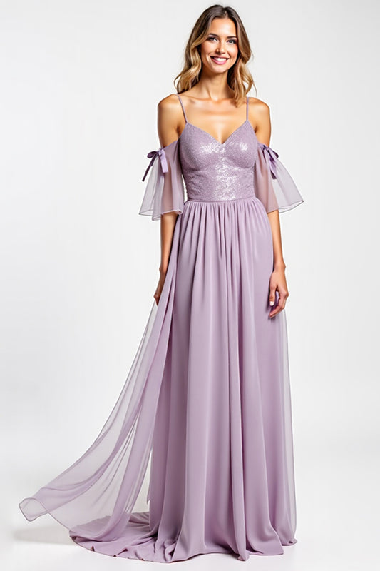 A Line Purple Long V-Neck Chiffon Bridesmaid Dress