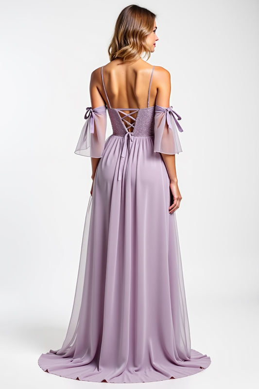 A Line Purple Long V-Neck Chiffon Bridesmaid Dress