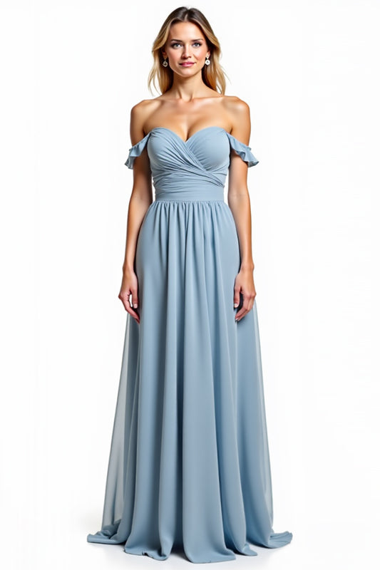 Dusty Blue Chiffon Long Off the Shoulder Bridesmaid Dress