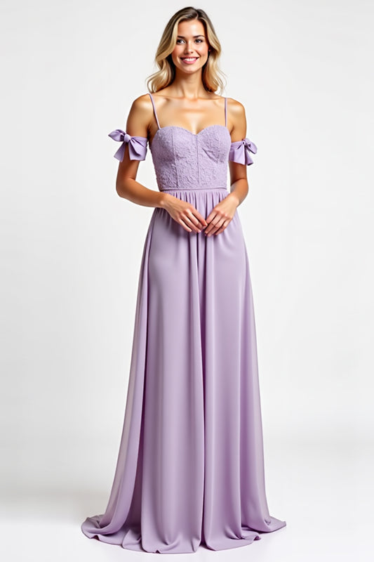 Purple Chiffon Long Spaghetti Straps Bridesmaid Dress