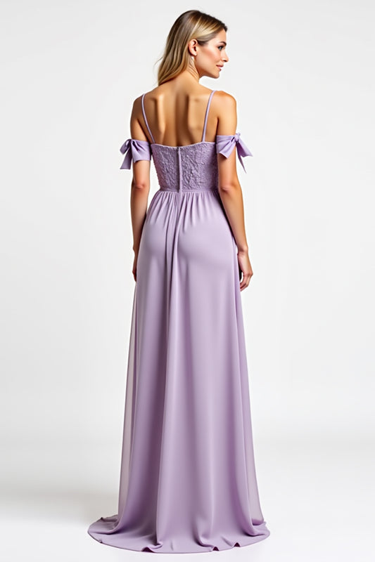 Purple Chiffon Long Spaghetti Straps Bridesmaid Dress