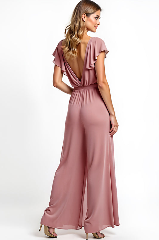 Dusty Rose Backless Long Cap Sleeves Bridesmaid Jumpsuit