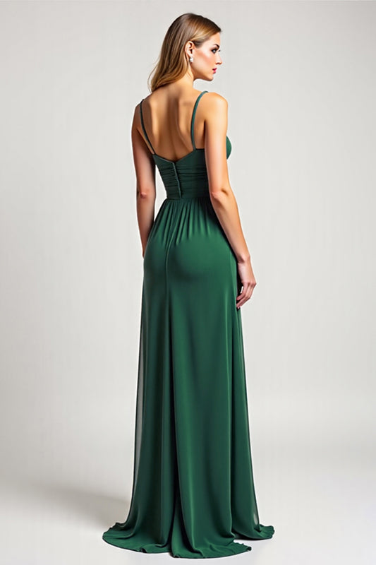 Dark Green V-Neck Chiffon Long Bridesmaid Dress with Slit