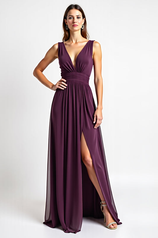 Purple Deep V-Neck Chiffon Long Bridesmaid Dress with Slit