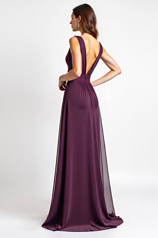 Purple Deep V-Neck Chiffon Long Bridesmaid Dress with Slit