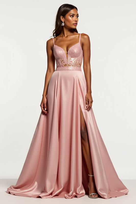 A Line Corset Dusty Rose Satin V-Neck Long Prom Dress with Slit