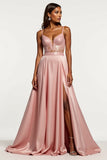 A Line Corset Dusty Rose Satin V-Neck Long Prom Dress with Slit A Line Corset Dusty Rose Satin V-Neck Long Prom Dress with Slit