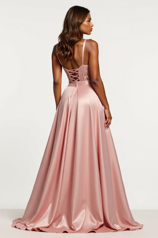 A Line Corset Dusty Rose Satin V-Neck Long Prom Dress with Slit