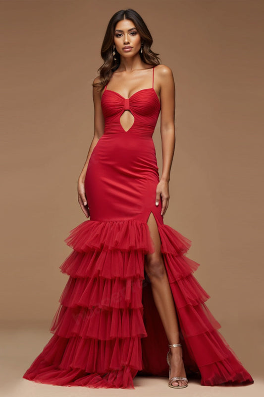 Dark Red Mermaid Keyhole Tireed Long Prom Dress with Slit