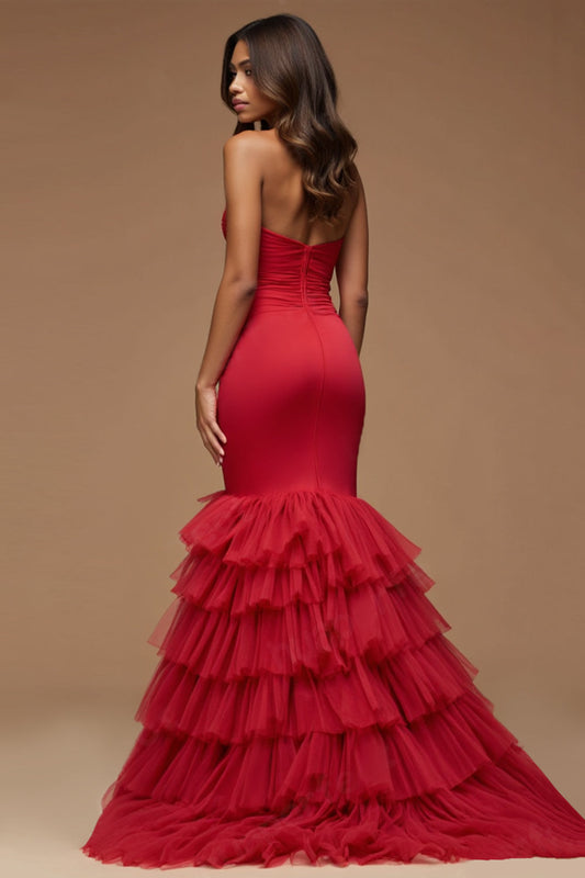 Dark Red Mermaid Keyhole Tireed Long Prom Dress with Slit