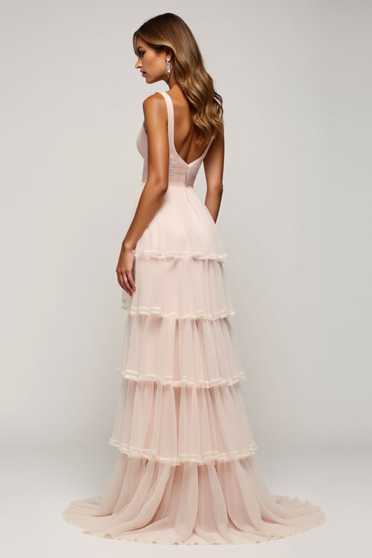 A Line Candy Pink Tiered V-Neck Long Prom Dress with Slit