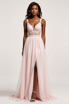 Corset Candy Pink A Line Chiffon Ruched Long Prom Dress with Slit