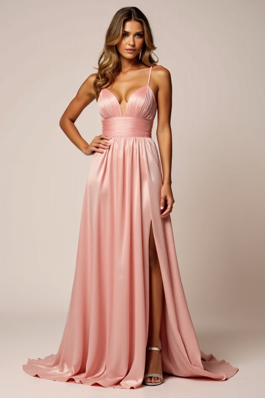 Sparkly Blush Pink A Line Satin Long Prom Dress with Slit