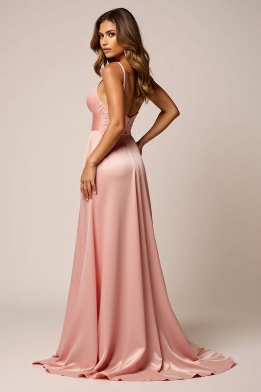 Sparkly Blush Pink A Line Satin Long Prom Dress with Slit