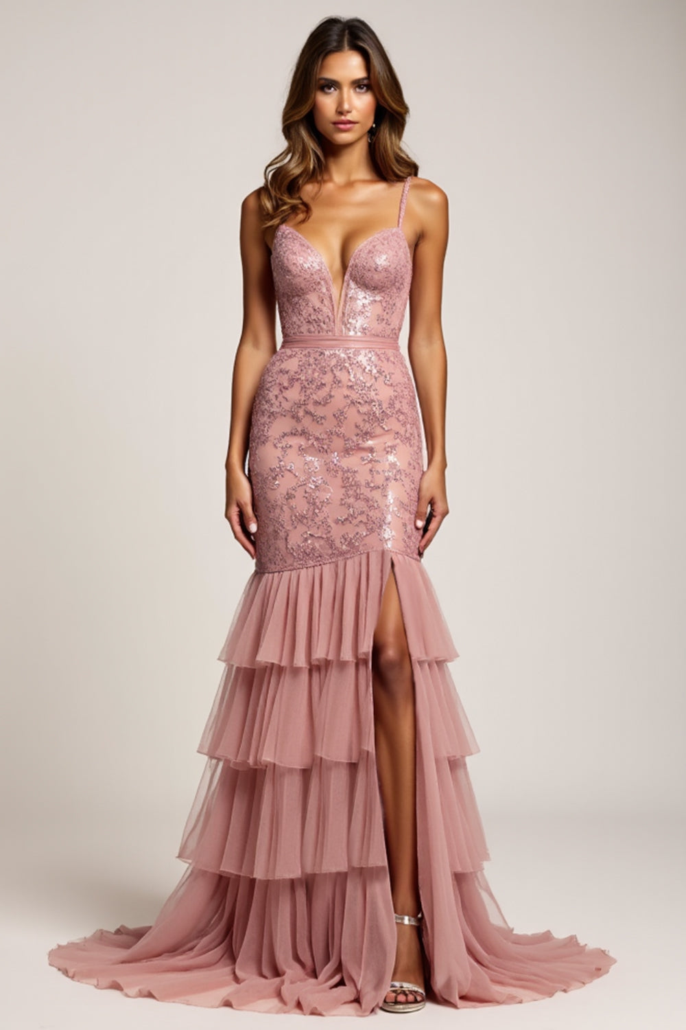 Sheath Dusty Rose Tiered Deep V-Neck Long Prom Dress with Silt Sheath Dusty Rose Tiered Deep V-Neck Long Prom Dress with Silt