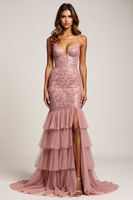 Sheath Dusty Rose Tiered Deep V-Neck Long Prom Dress with Silt