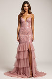 Sheath Dusty Rose Tiered Deep V-Neck Long Prom Dress with Silt Sheath Dusty Rose Tiered Deep V-Neck Long Prom Dress with Silt