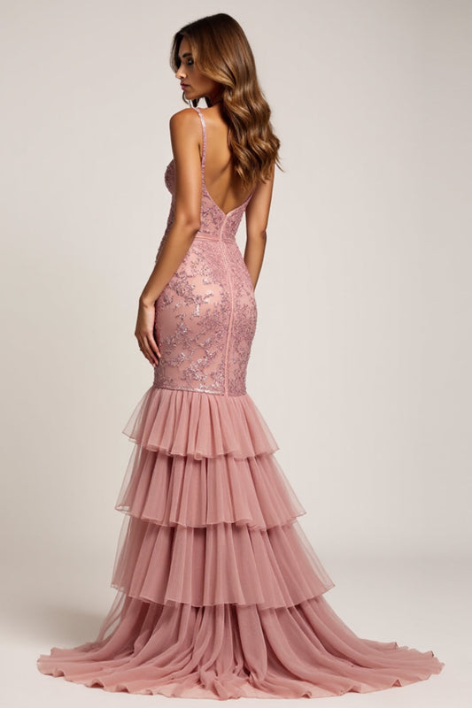 Sheath Dusty Rose Tiered Deep V-Neck Long Prom Dress with Silt