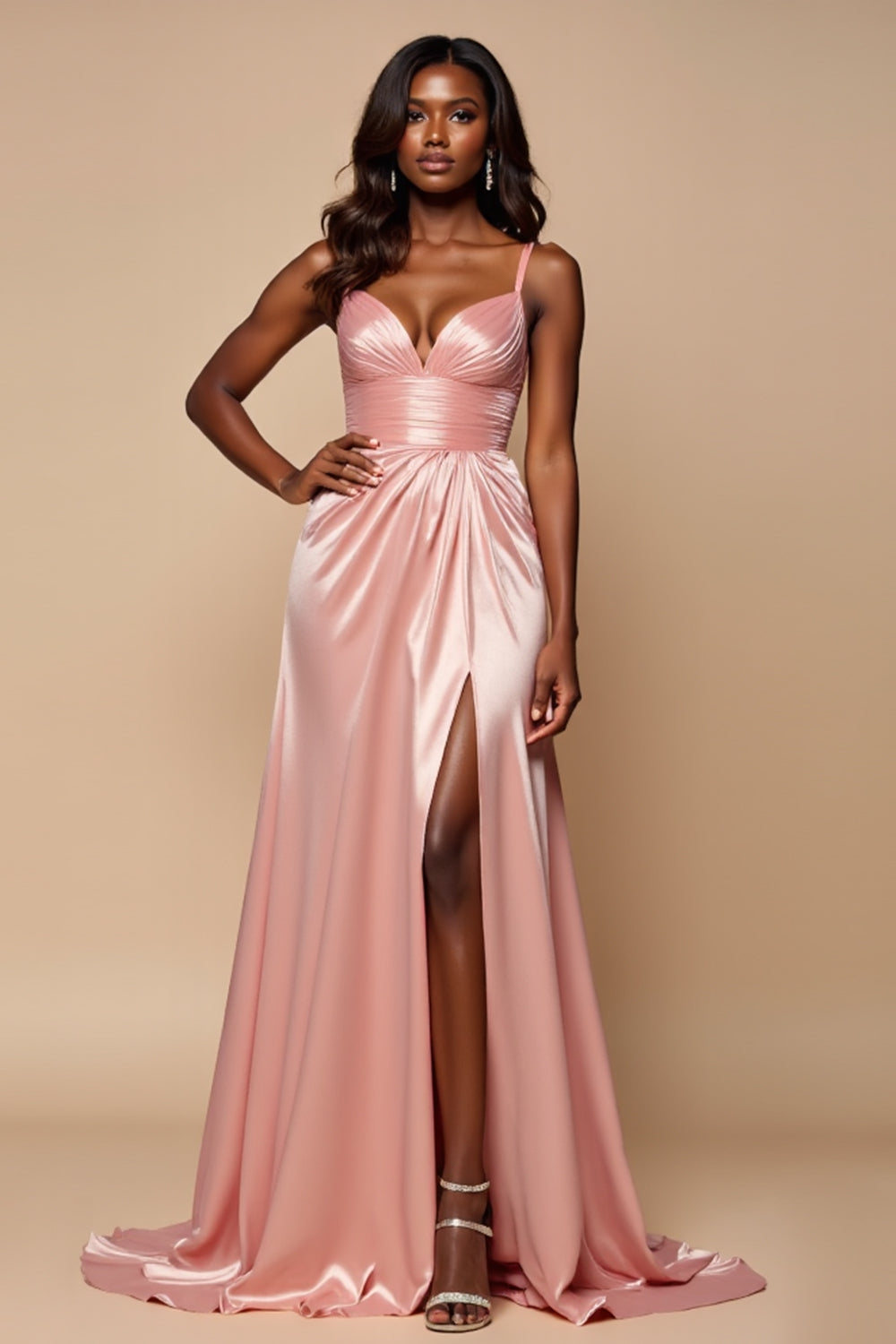 Sparkly Blush Pink Satin A Line Ruched Long Prom Dress with Slit Sparkly Blush Pink Satin A Line Ruched Long Prom Dress with Slit