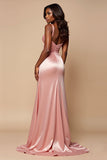 Sparkly Blush Pink Satin A Line Ruched Long Prom Dress with Slit Sparkly Blush Pink Satin A Line Ruched Long Prom Dress with Slit