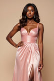 Sparkly Blush Pink Satin A Line Ruched Long Prom Dress with Slit Sparkly Blush Pink Satin A Line Ruched Long Prom Dress with Slit
