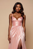 Sparkly Blush Pink Satin A Line Ruched Long Prom Dress with Slit Sparkly Blush Pink Satin A Line Ruched Long Prom Dress with Slit