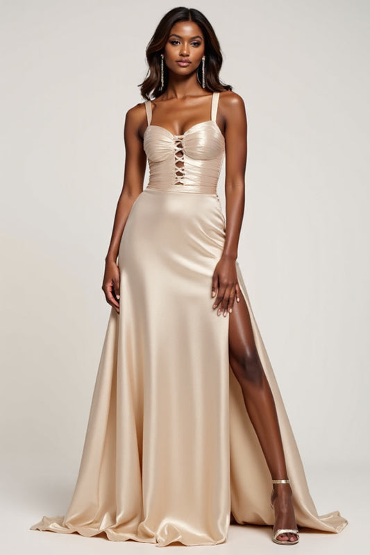 Sparkly Champagne A Line Satin Long Prom Dress with Slit