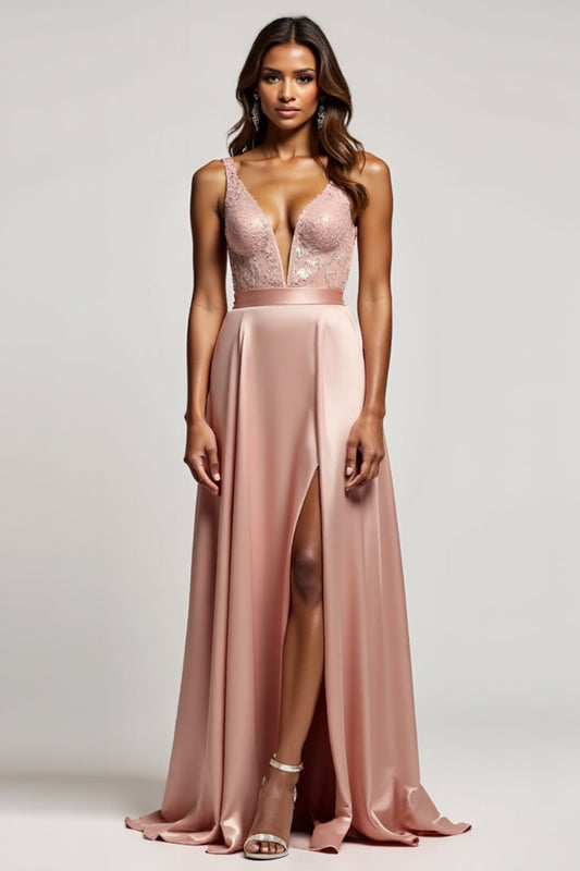 Dusty Rose A Line Satin Deep V-Neck Long Prom Dress with Slit