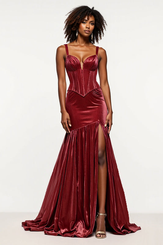 Corset Mermaid Burgundy Velvet Long Prom Dress with Slit