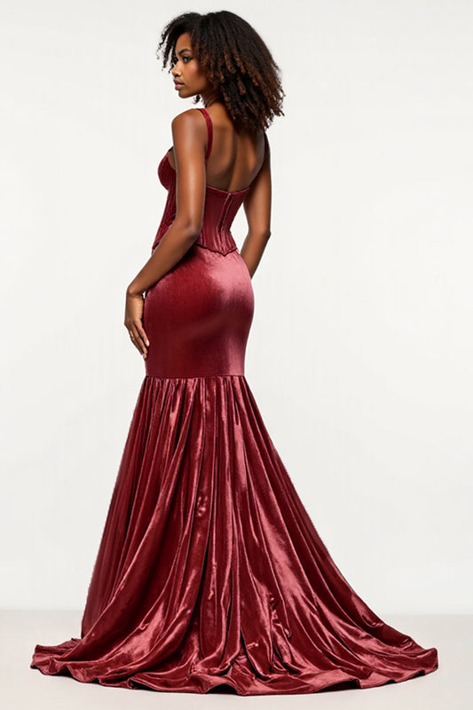 Corset Mermaid Burgundy Velvet Long Prom Dress with Slit