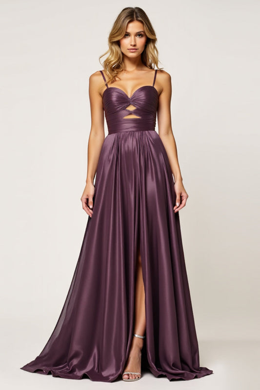 Sparkly Purple A Line Spaghetti Straps Long Prom Dress with Slit