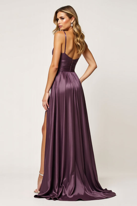 Sparkly Purple A Line Spaghetti Straps Long Prom Dress with Slit