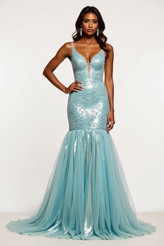 Light Blue Sparkly Mermaid V-Neck Long Prom Dress