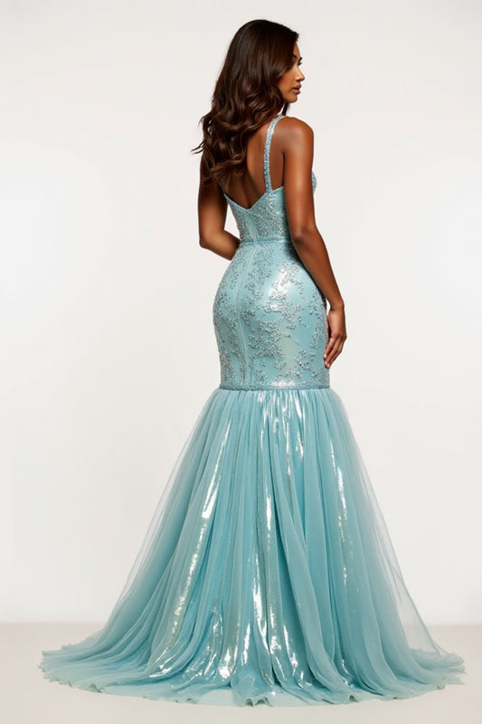 Light Blue Sparkly Mermaid V-Neck Long Prom Dress
