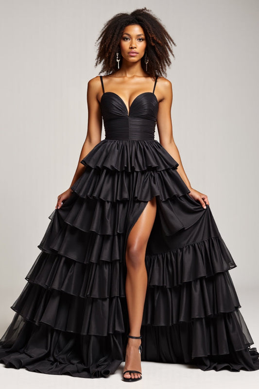 Black Long Tiered Ball Gown Prom Dress With Slit