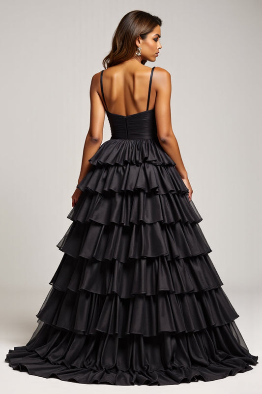 Black Long Tiered Ball Gown Prom Dress With Slit