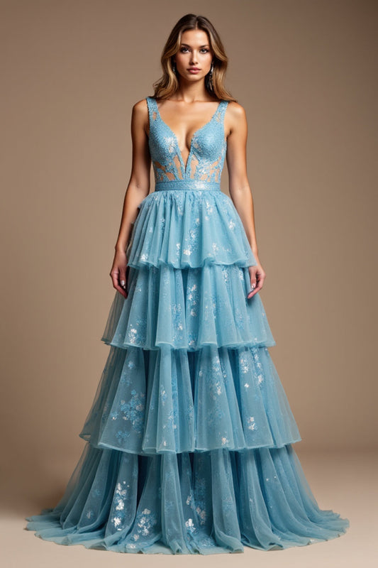 A Line V-NeckSparkly Blue  Long Prom Dress with Lace