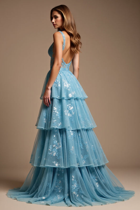 A Line V-NeckSparkly Blue  Long Prom Dress with Lace