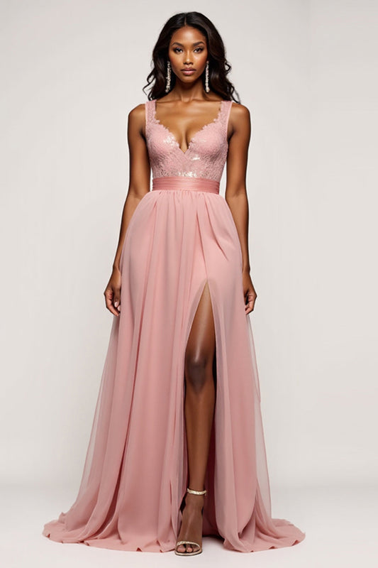 A Line V-Neck Dusty Rose Long Tulle Prom Dress with Slit