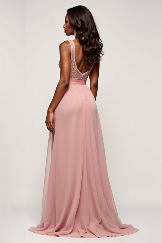 A Line V-Neck Dusty Rose Long Tulle Prom Dress with Slit
