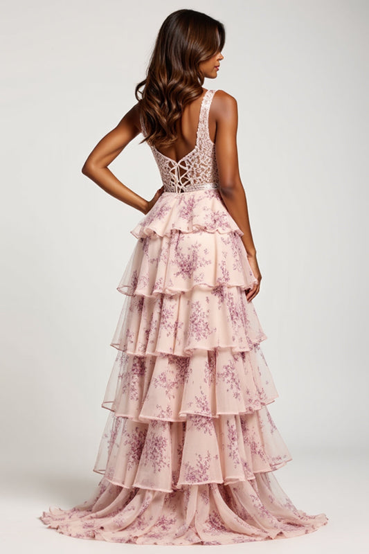 A Line Blush Flower Chiffon V-Neck Long Prom Dress with Slit