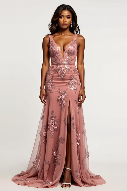 Tulle V-Neck Dusty Rose Sheath Long Prom Dress with Slit