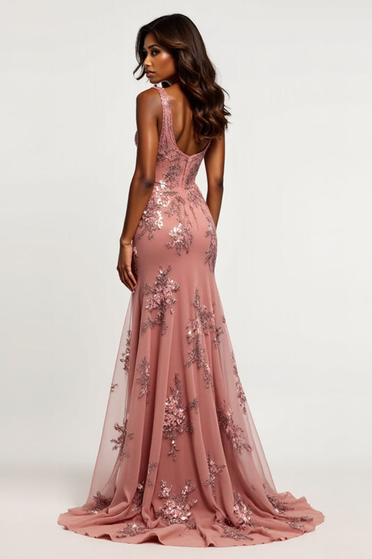 Tulle V-Neck Dusty Rose Sheath Long Prom Dress with Slit