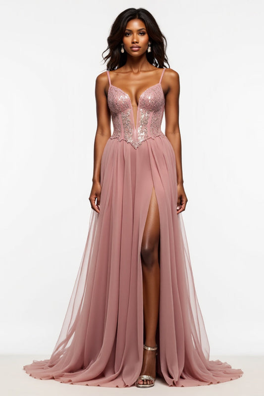 Dusty Rose Corset Tulle Prom Dress with Slit