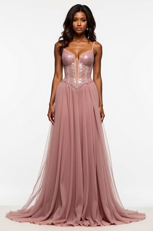 Dusty Rose Corset Tulle Prom Dress with Slit
